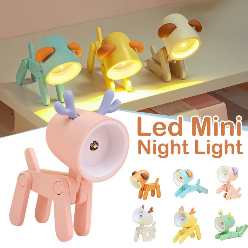 Cute LED Pet Night Light – Foldable Mini Desk Lamp for Kids & Students | Dog & Deer Design | Portable Room Decor & Gift